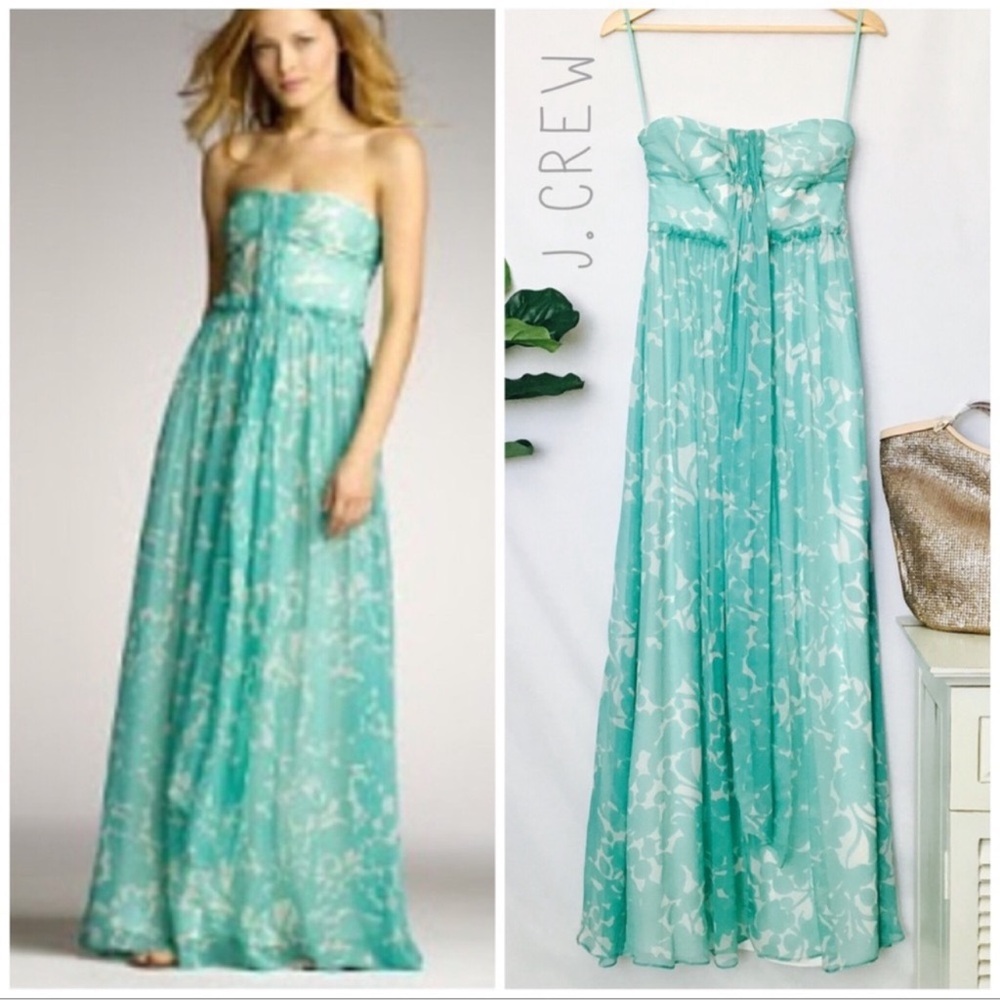 J. Crew Strapless Aqua and White Silk Maxi Dress